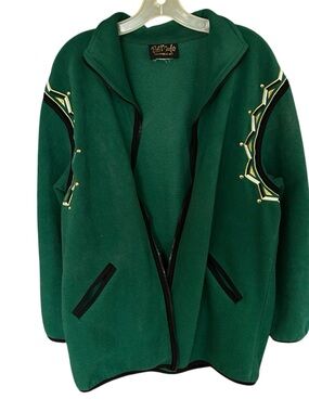 Bob Mackie Forest Green Fleece Jacket Black Trim and Gold Accents Wearable Art